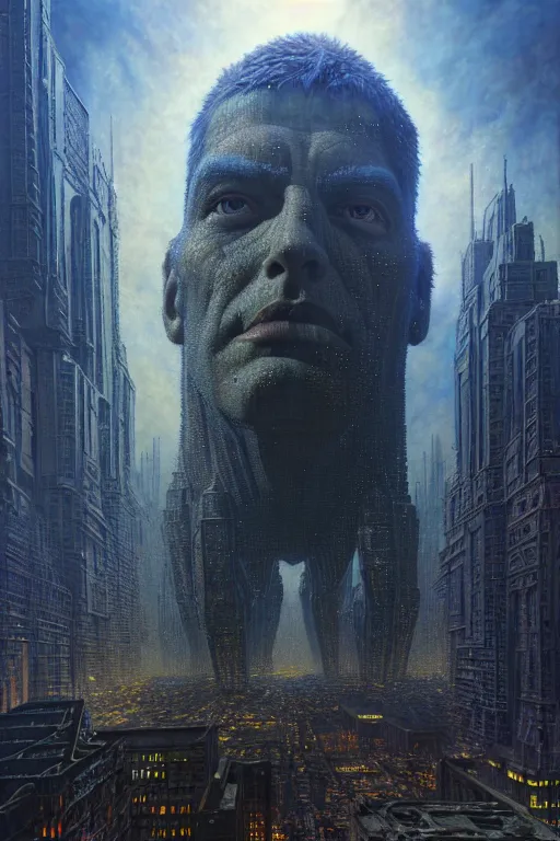 Image similar to hyperrealistic mixed media painting of a colossal giant, towering over a helpless metropolis, fear + despair, stunning 3d render inspired art by P. Craig Russell and Barry Windsor-Smith + perfect facial symmetry + dim volumetric lighting, 8k octane beautifully detailed render, post-processing, extremely hyperdetailed, intricate, epic composition, grim yet sparkling atmosphere, cinematic lighting + masterpiece, trending on artstation, very very detailed, masterpiece, stunning