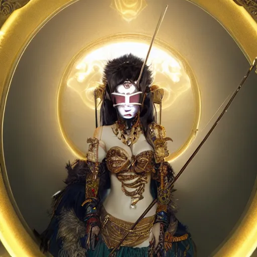 Prompt: the portrait, masked female violinist, exotic costumes, gold jewelry, black hair ， illustration by wenjun lin, irakli nadar, bright colors, octopath traveler, wenjun lin, unreal engine 5 highly rendered, global illumination, radiant light, detailed and intricate environment
