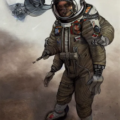 Prompt: [Dieselpunk cosmonaut, checkered flag, very detailed, cinematic lighting, matte, sharp, photography, art by enki bilal]