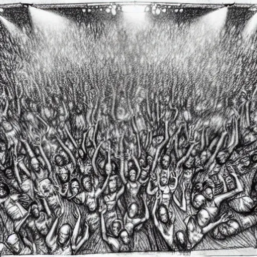 Prompt: the messiest rave you've ever been to, hyper detailed photorealistic pencil drawing of a large group of people dancing at a rave