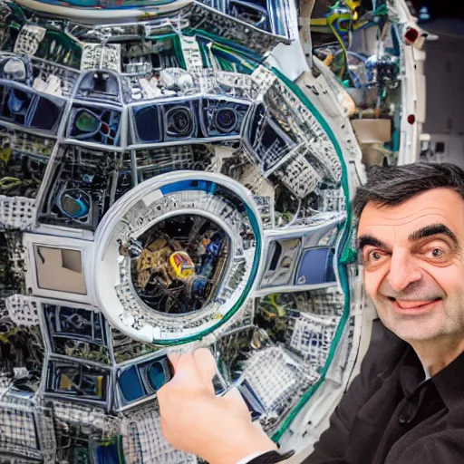 Prompt: Mr Bean carefully working on delicate spacecraft components, 8k photography