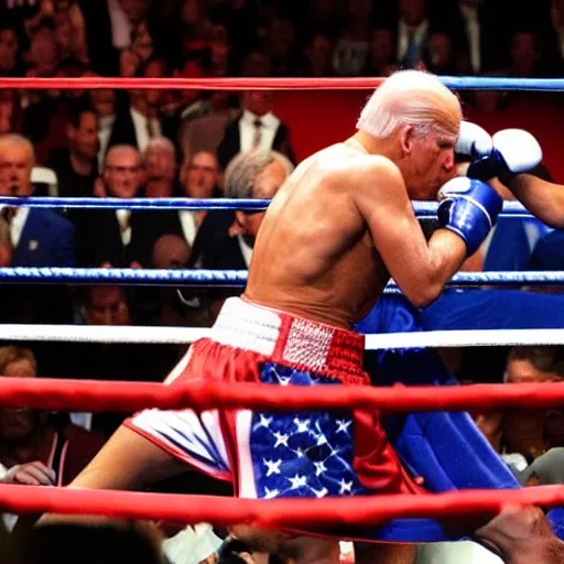 Prompt: donald trump and joe biden boxing in a boxing match photo - realistic