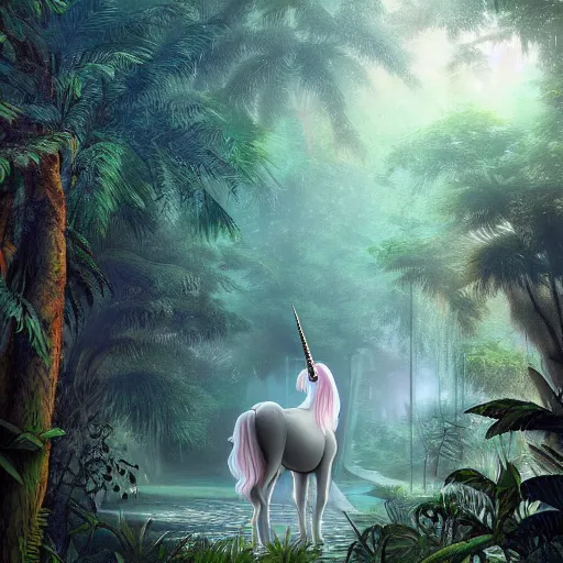 Image similar to a unicorn in a misty jungle, hyperdetailed, photorealist, artstation, vaporwave