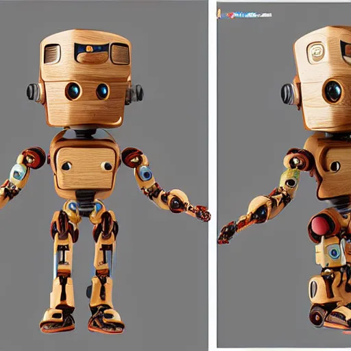 Image similar to ultra realistic 8k octa photo, wooden art toys on base cute robot gods , concept art ,art gallery