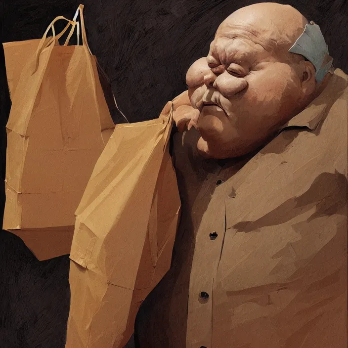 Prompt: melted old fat man portrait with a paper bag over the head, in paper bag clothing, holding a stack of paper bags, highly detailed, artstation, art by ian mcque, ilya kuvshinov, zdislav beksinski, wayne barlowe, edward hopper