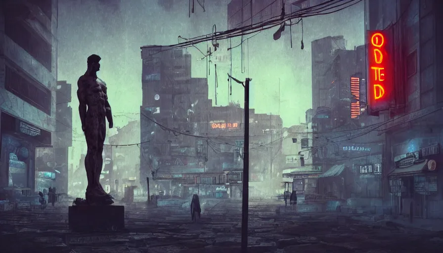 Image similar to a small weathered ancient greek sculpture standing in a square, surrounded by cyberpunk city, neon sign, bladerunner, digital illustration, artstation, cinematic composition