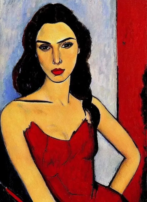 Prompt: portrait of Gal Gadot in red dress by Modigliani