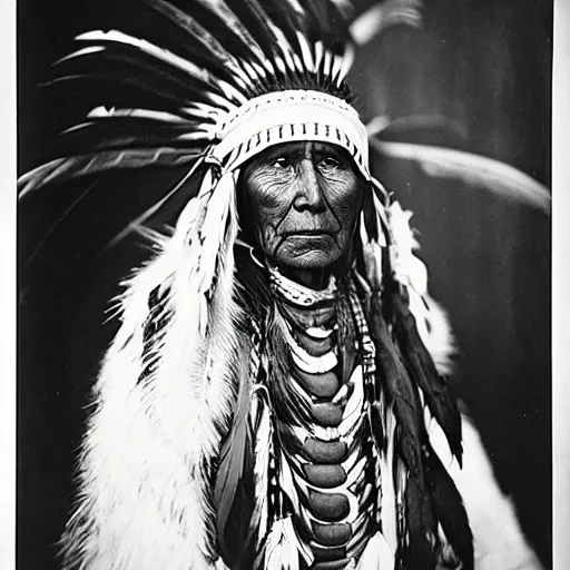 Prompt: vintage photo of a native american by edward s curtis, photo journalism, photography, cinematic, national geographic photoshoot