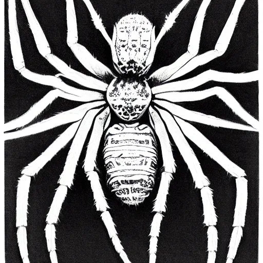 Prompt: spider, black and white, botanical illustration, black ink on white paper, bold lines