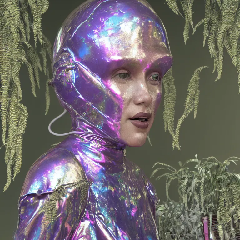 Image similar to octane render portrait by wayne barlow and carlo crivelli and glenn fabry, subject is a woman covered in tie - dye exoticic flamboyant aluminum foil space suit with a iridescent metallic space helmet, surrounded by alien plants, cinema 4 d, ray traced lighting, very short depth of field, bokeh