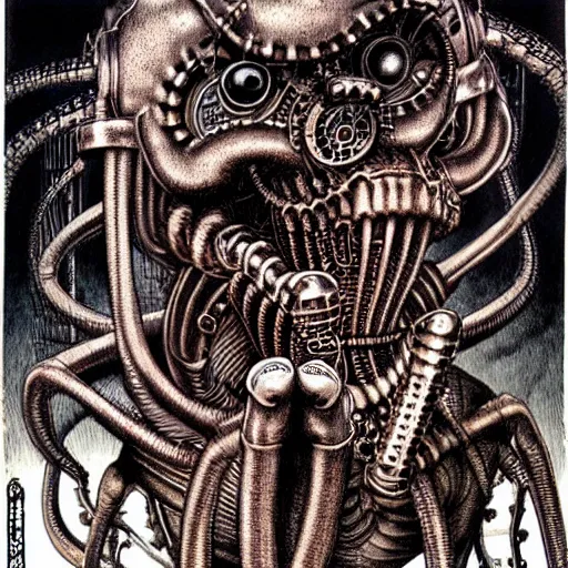 Prompt: steampunk chthonic demon drinks coffee by Katsuya Terada and Giger