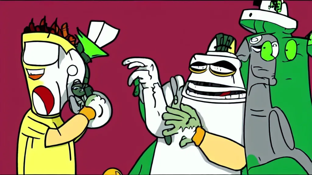 Image similar to Tabaluga talking to Master Shake in a still from an episode of Aqua Teen Hunger Force (2004), high quality screenshot