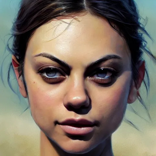 Image similar to winking mila kunis closeup portrait, dramatic light, lake background, 2 0 0 mm focal length, painted by stanley lau, painted by greg rutkowski, painted by stanley artgerm, digital art, trending on artstation