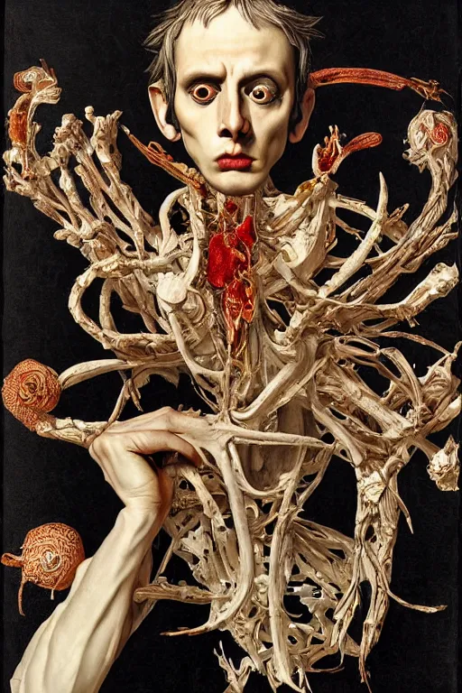 Prompt: Detailed maximalist portrait a Greek god with large lips and with large white eyes, exasperated expression, skeletal with extra fleshy bits, botany, HD mixed media 3d collage, highly detailed and intricate, surreal illustration in the style of Caravaggio, dark art, baroque