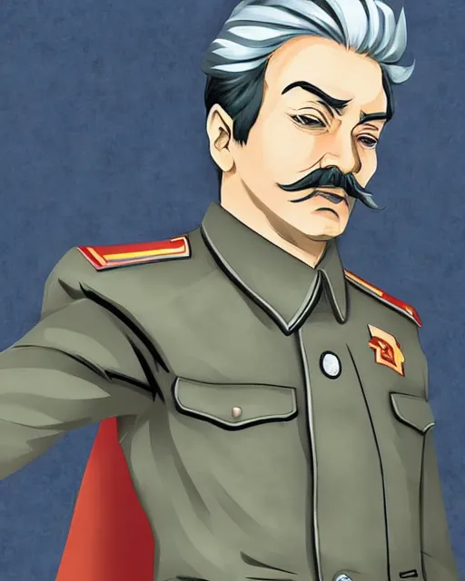 Image similar to Digital communist anime art of Iosif Stalin by A-1 studios, serious expression, empty warehouse background, highly detailed, spotlight