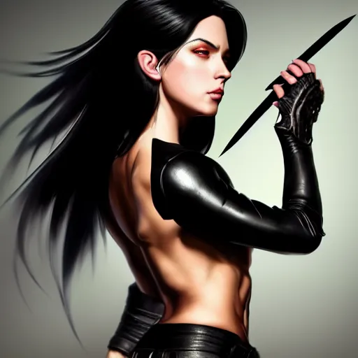 Image similar to an action photo of a black haired woman in a black leather jacket in a swordfight, muscular upper body, abs, d & d, fantasy, intricate, elegant, highly detailed, digital painting, artstation, concept art, smooth, sharp focus, illustration, art by artgerm and greg rutkowski and alphonse mucha