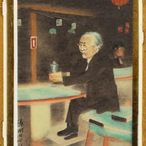 Image similar to An oldman, smoking, in a bar, Chinese Painting, Polaroid, Wide Angle