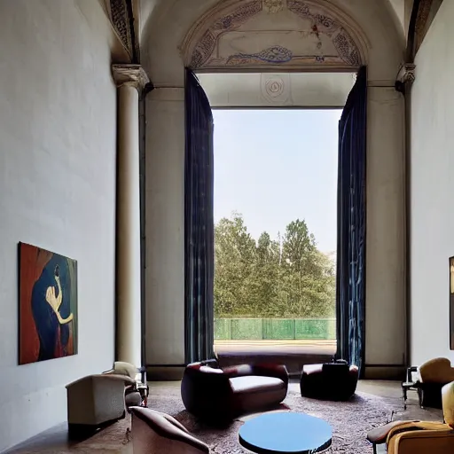 Image similar to giant Italian modern castle living room, clean minimalist design, that is 1300 feet tall, with very tall giant walls filled with modern art paintings, doors that are cosmic portals, giant modern stainless steel sculpture by Ken Kelleher, photo by Annie Leibovitz