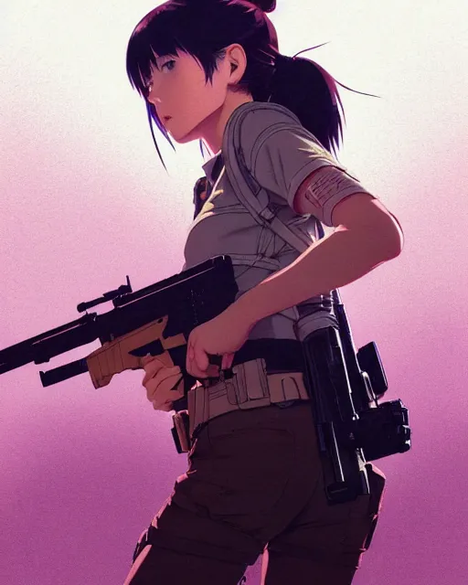 Image similar to girl holding a rifle | | very very anime!!!, fine - face, audrey plaza, realistic shaded perfect face, fine details. anime. realistic shaded lighting poster by ilya kuvshinov katsuhiro otomo ghost - in - the - shell, magali villeneuve, artgerm, jeremy lipkin and michael garmash and rob rey