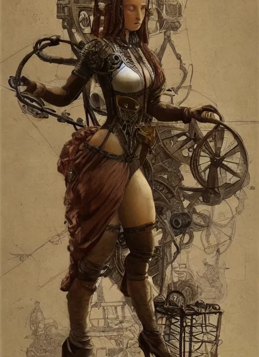 Image similar to highly detailed steampunk woman standing on a mechanism : leonardo da vinci, greg rutkowski, magali villeneuve