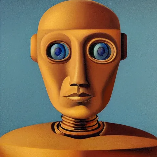 Image similar to super - intelligent robot with kind eyes portrait, grant wood, pj crook, edward hopper, oil on canvas