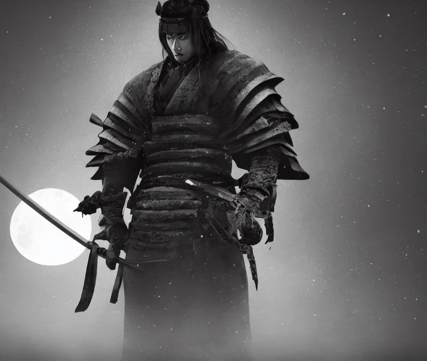 Image similar to '2d design graphic a samurai in the night ,big white moon background , gloomy and foggy atmosphere, octane render, horror scene, highly detailded , black and white ink '