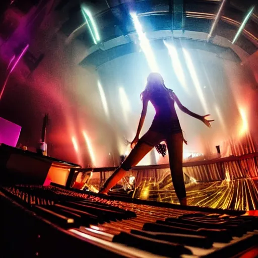 Prompt: low angle shot of lightning striking a synthesizer in a dance club, dark dancing silhuettes in the background, bokeh, dramatic lighting, oil painting