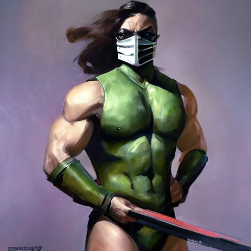 Image similar to greg manchess portrait painting of partially armored jade from mortal kombat wearing a half mask as overwatch character, medium shot, asymmetrical, profile picture, organic painting, sunny day, matte painting, bold shapes, hard edges, street art, trending on artstation, by huang guangjian and gil elvgren and sachin teng