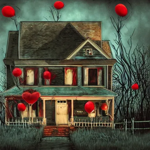 Image similar to grunge painting of a house with a wide smile and a red balloon by tim burton, loony toons style, pennywise style, corpse bride style, rick and morty style, creepy lighting, horror theme, detailed, elegant, intricate, conceptual