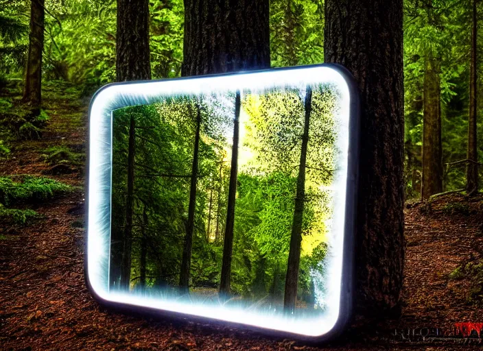 Image similar to photo of a crystal mirror that is a portal to another magical world. Forest in the background. Fantasy magic style. Highly detailed 8k. Intricate. Nikon d850 55mm. Award winning photography.