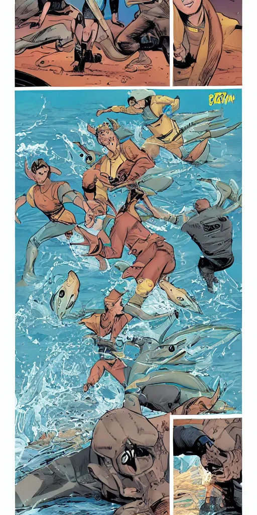 Prompt: comic book about a crew battling a sea creature