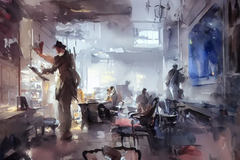 Image similar to paint brush strokes, abstract watercolor painting of western pharmacy, backlit ambient light, dust, art by hans dahl, by jesper ejsing, art by anders zorn, wonderful masterpiece by greg rutkowski, cinematic light, american romanticism by greg manchess, creation by tyler edlin