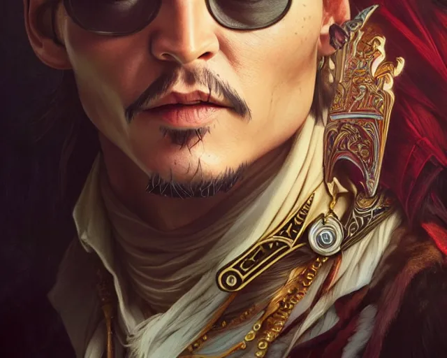 Image similar to photography of johnny depp, deep focus, d & d, fantasy, intricate, elegant, highly detailed, digital painting, artstation, concept art, matte, sharp focus, illustration, hearthstone, art by artgerm and greg rutkowski and alphonse mucha