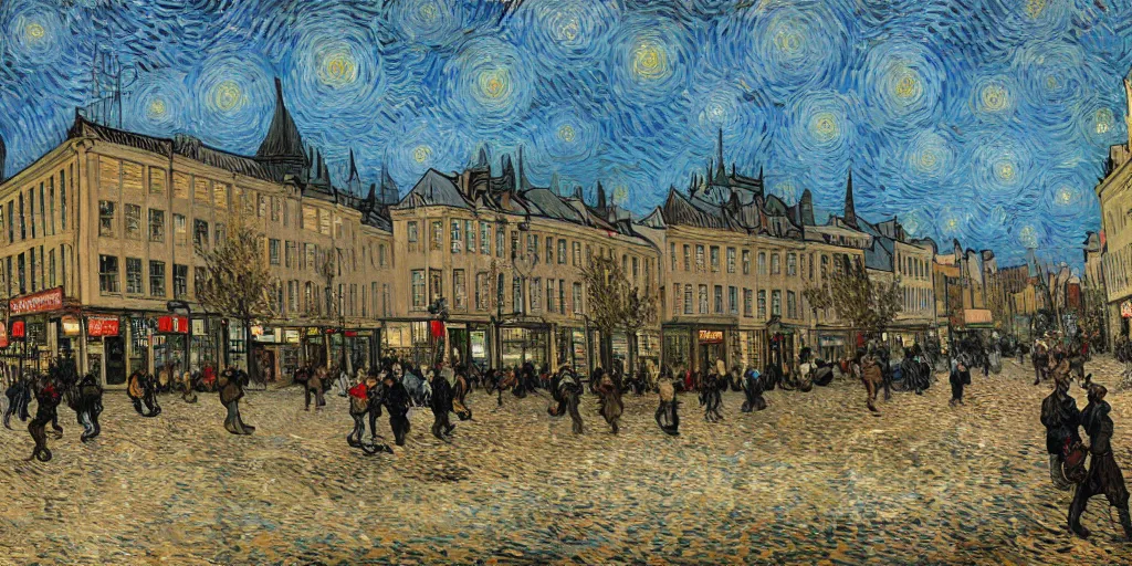 Prompt: highly detailed painting of whitechapel 1888 by van gogh, trending on artstation, 8K, ultra wide angle, pincushion lens effect