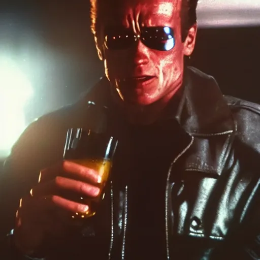 Image similar to The Terminator drinking beer, cinematic lighting