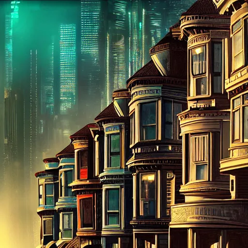 Image similar to a photograph of the painted ladies in san francisco planet of the apes foggy runes artstation cyberpunk dreamscape high definition