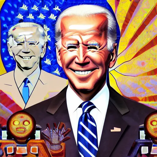 Prompt: portrait mosaic of a joe biden with robot ears and eyes, 4k, intricate details, digital, sun in the background