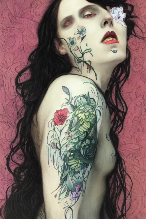 Image similar to pre-raphaelite punk rock dark rainbow noir angel painting, floral detail, face tattoo, by Abigail Larson, Anton Fadeev