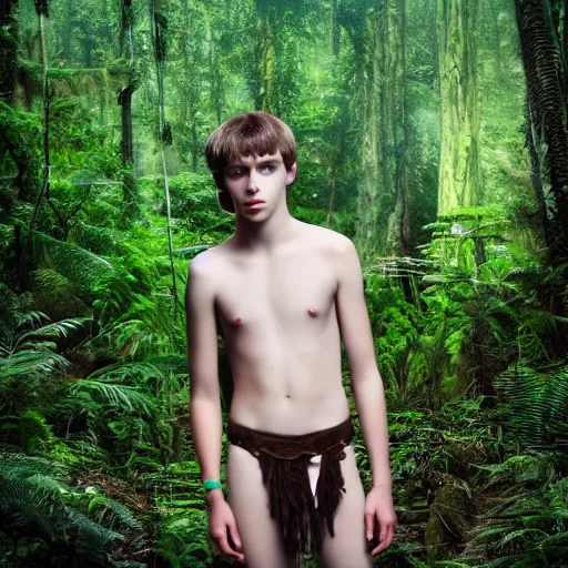 Image similar to a teenage boy, around 2 2 yo. choker necklace. natural brown hair. loincloth, pale skin. detailed face. ominous and eerie looking jungle in background. natural colors. hyperrealistic photo.