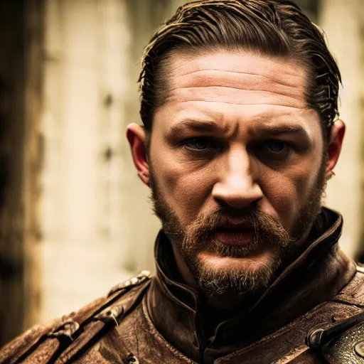 Image similar to A cinematic film still of Tom Hardy starring as Eddard Stark, portrait, 40mm lens, shallow depth of field, close up, split lighting, cinematic