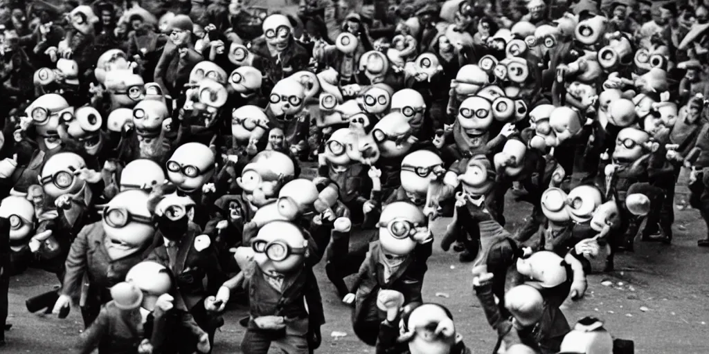 Prompt: minions from despicable me winning world war 2 and parading through berlin, hyper realistic, award winning photo, award winning, sharp focus, black and white