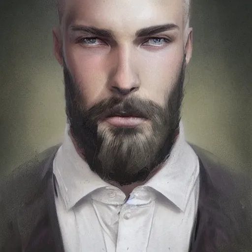 Image similar to a beautiful award winning commission portrait of a young man with white undercut hair,and a stylish beard,green eyes.digital art,art by greg rutkowski,character design by charles bowater,ross tran,photorealistic,highly detailed,detailed face,4k,dramatic,deviantart,artstation