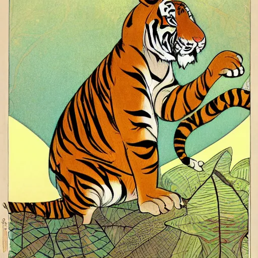 Prompt: a highly detailed cartoon tiger is flapping a leaf fan, sweating, autumn leaves on the ground, concise lines, ultradetailed environment, sharp focus, cinematic lighting, by alphonse maria mucha and kim jung gi