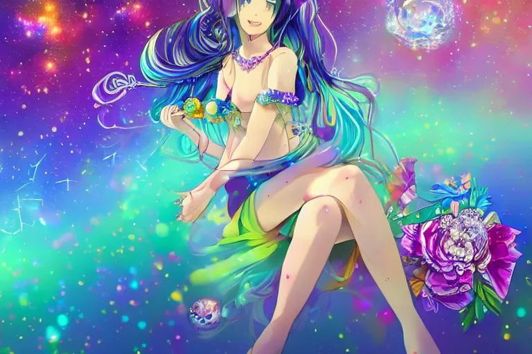 Image similar to psychedelic, whimsical, anime, 4k, beautiful lusty woman smoking a bong, with professional makeup, long trippy hair, a crystal and flower dress, sitting on a reflective pool, surrounded by gems, underneath the stars, rainbow fireflies, trending on patreon, deviantart, twitter, artstation, volumetric lighting, heavy contrast, art style of Ross Tran and Miho Hirano and Ilya Kuvshinov