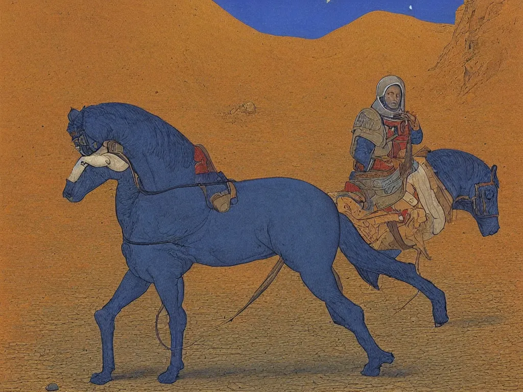 Image similar to portrait of a man with horse sleeping on the ground on mars. painting by limbourg brothers, moebius