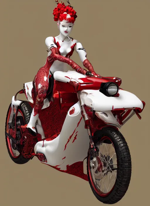 Image similar to albino maiko riding a hardcore motorbike, fluent composition,, red and white, concept art, ambient light, 4 k, intricate details, highly professionally detailed, cgsociety, highly detailed -