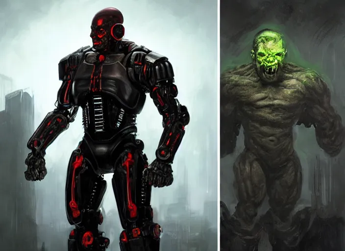 Image similar to tommy lister jr. as victor stone, full body concept, cyborg, borg, strogg, face of a man, terminator, flesh, quake strogg, doom demon, wolfenstein, monstrous, powerful, symmetry, symmetrical, concept art by ruan jia and greg rutkowski