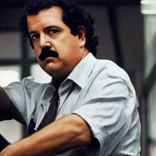 Prompt: film still of pablo escobar as max payne in the upcoming film, smoke, office scene, bloody, corpses