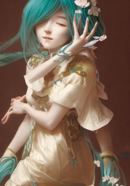 Image similar to hatsune miku and cinnamoroll, dance, intricate, elegant, highly detailed, digital painting, artstation, concept art, smooth, sharp focus, illustration, art by artgerm and greg rutkowski and alphonse mucha and william - adolphe bouguereau