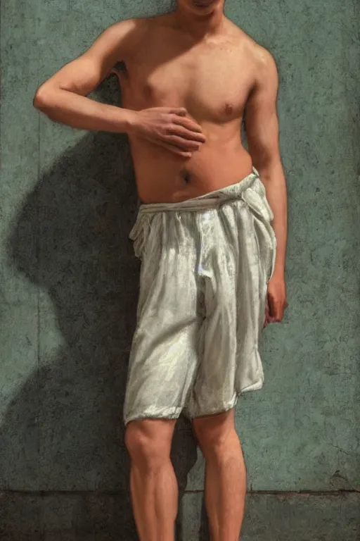 Image similar to Full-length portrait of a handsome!! young pregnant!! male on the streets of Hong Kong, wearing shorts, historically reliable photo chronicle, 1995, ultra detailed digital art, octane render, 4K, by John William Waterhouse and Edwin Longsden Long and Theodore Ralli and Nasreddine Dinet